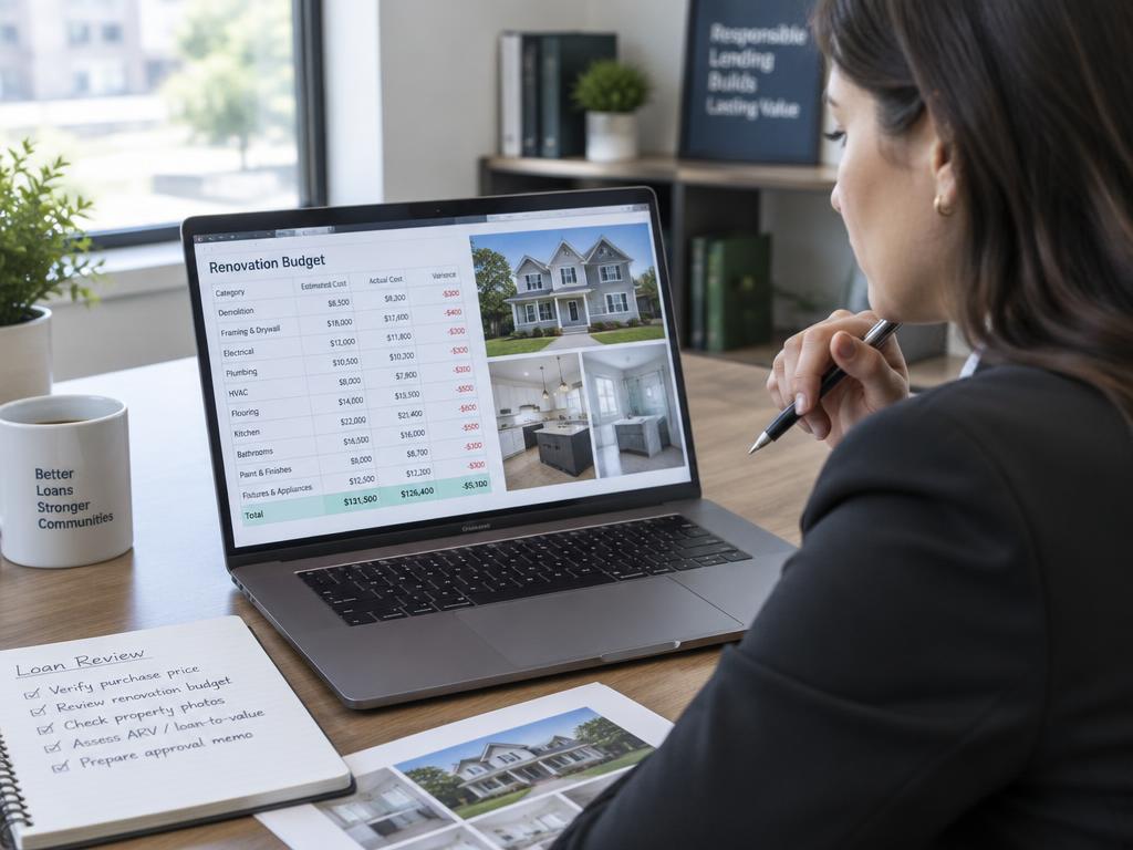 Loan officer reviewing a renovation budget on a laptop